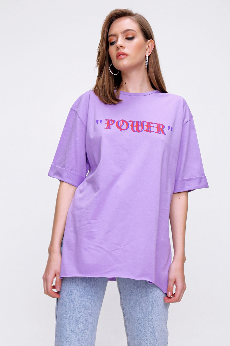 4297 League Baskılı T-shirt - Lila - BİGDART