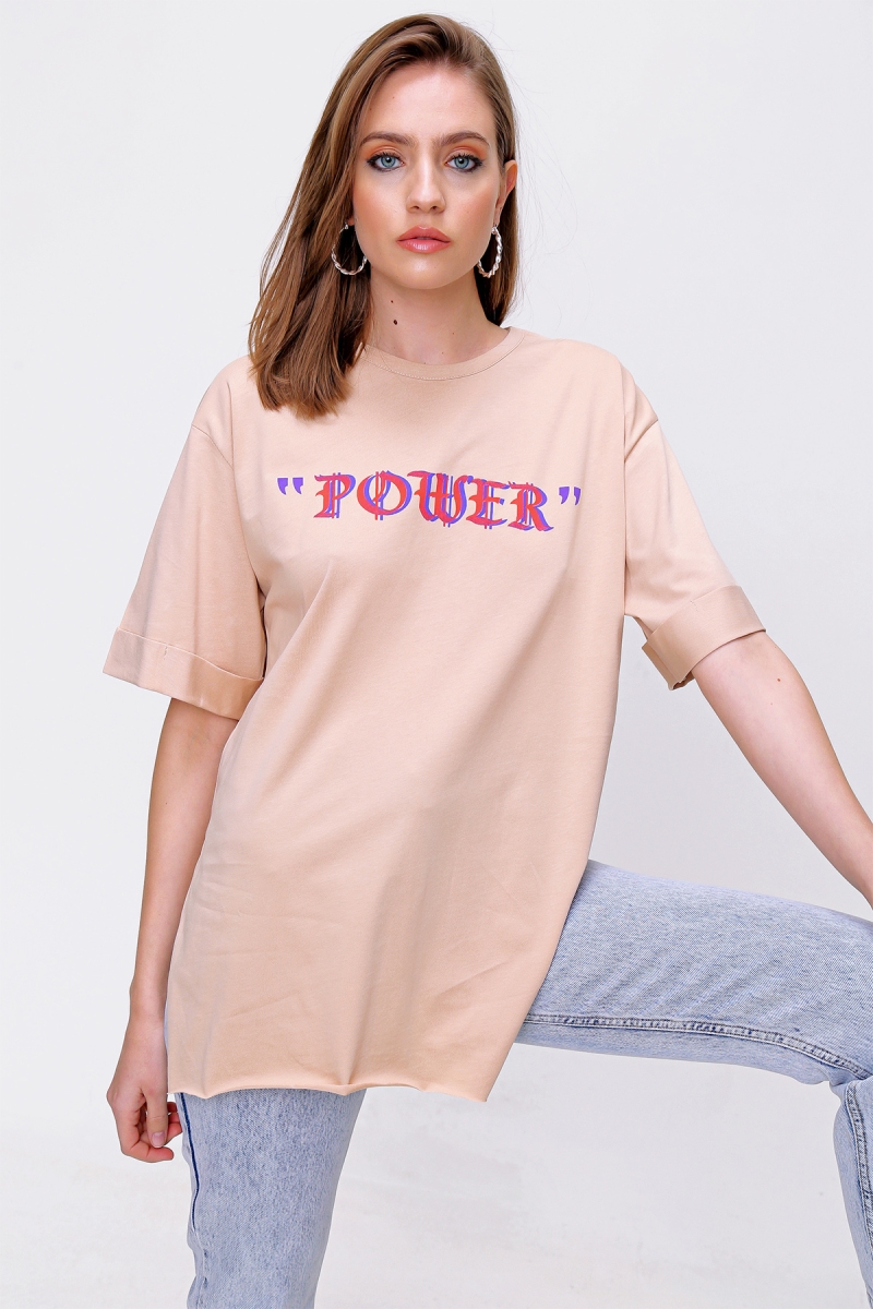 4297 League Baskılı T-shirt - Vizon - BİGDART