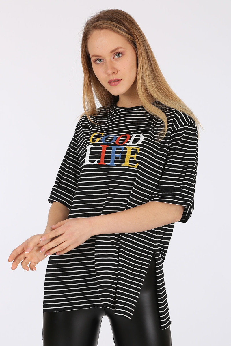 4298 Good Life Baskılı Tshirt - Siyah - BİGDART