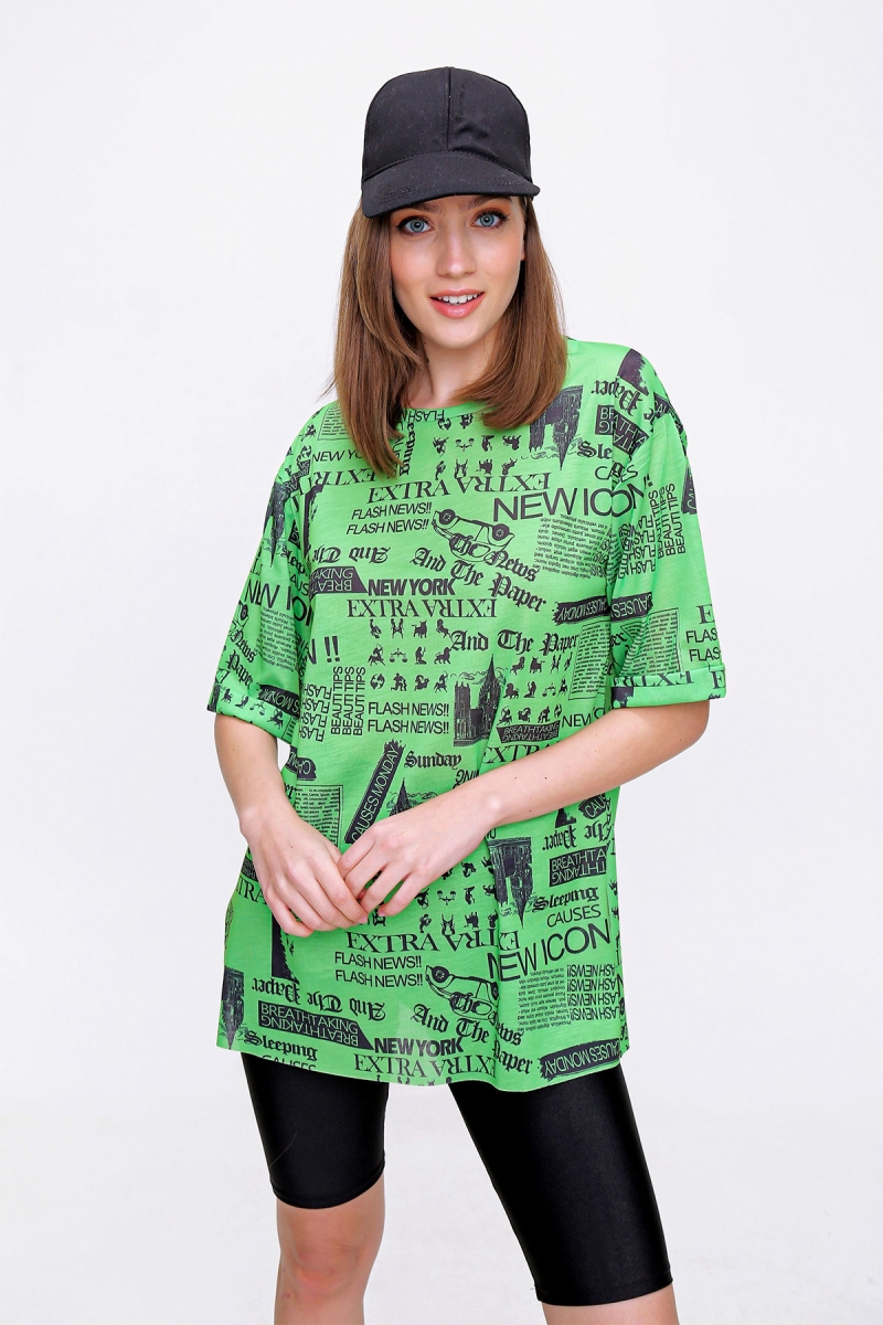 4299 Gazete Baskılı Oversize Tshirt - E.Yeşil - BİGDART