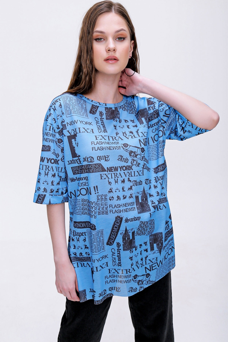4299 Gazete Baskılı Oversize Tshirt - İndigo - BİGDART