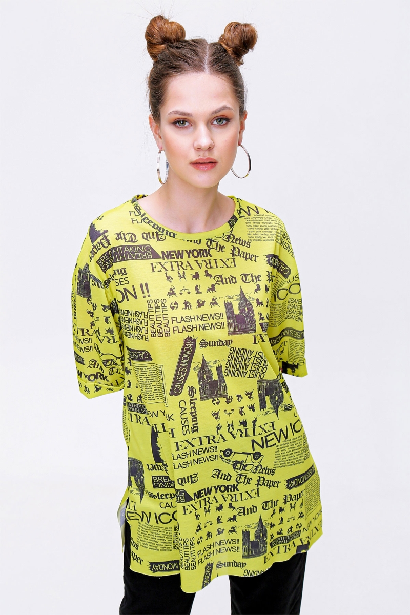4299 Gazete Baskılı Oversize Tshirt - Sarı - BİGDART