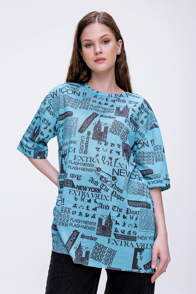 4299 Gazete Baskılı Oversize Tshirt - Petrol - BİGDART
