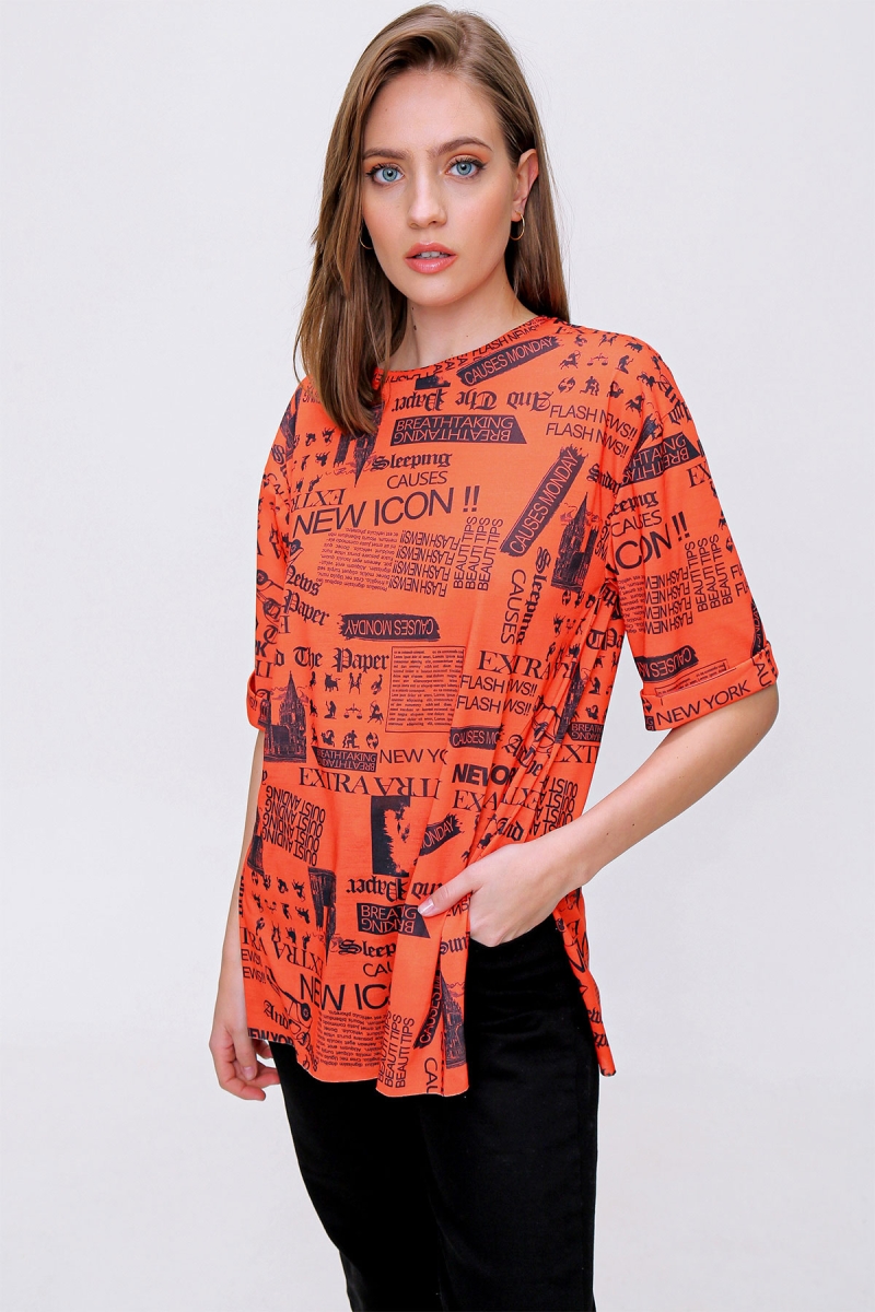 4299 Gazete Baskılı Oversize Tshirt - Turuncu - BİGDART