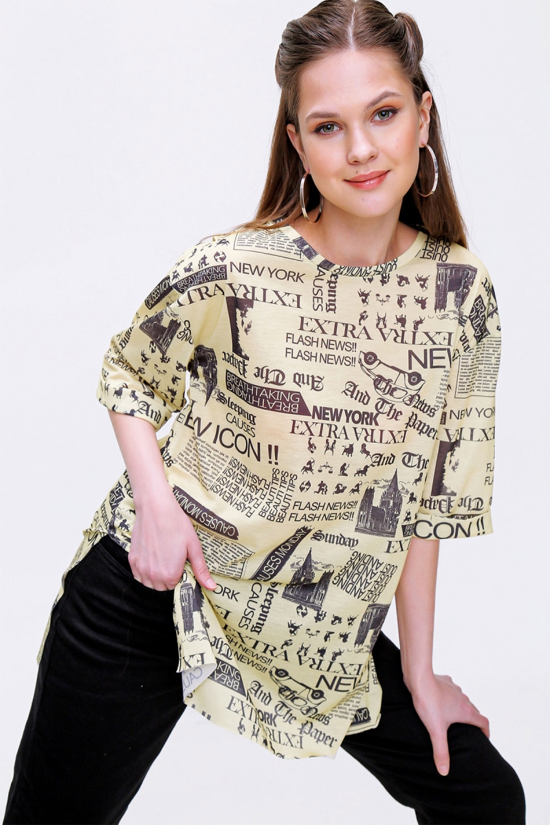 4299 Gazete Baskılı Oversize Tshirt - Sarı - BİGDART