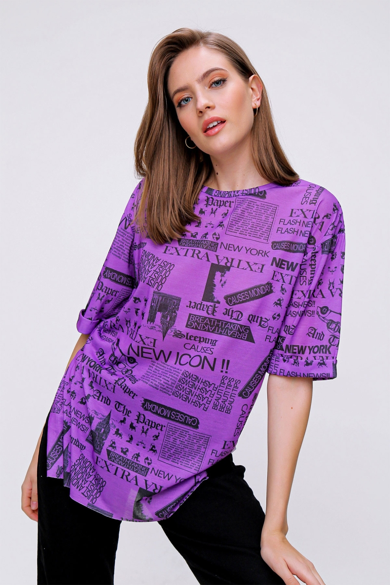 4299 Gazete Baskılı Oversize Tshirt - Mor - BİGDART