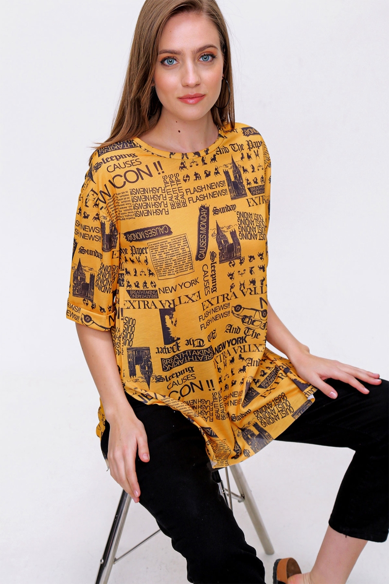 4299 Gazete Baskılı Oversize Tshirt - Hardal - BİGDART