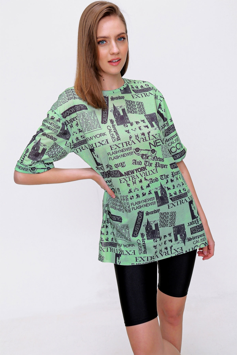 4299 Gazete Baskılı Oversize Tshirt - Yeşil - BİGDART
