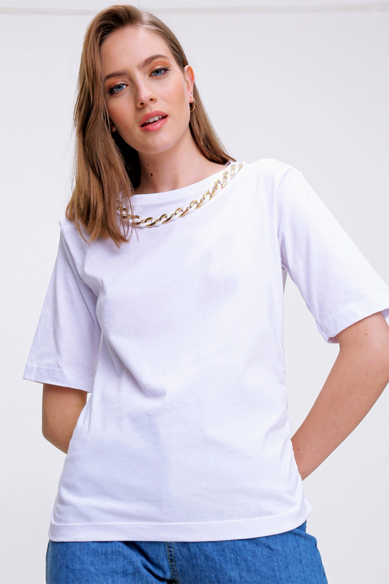 4305 Zincir Detaylı T-shirt - Beyaz - BİGDART