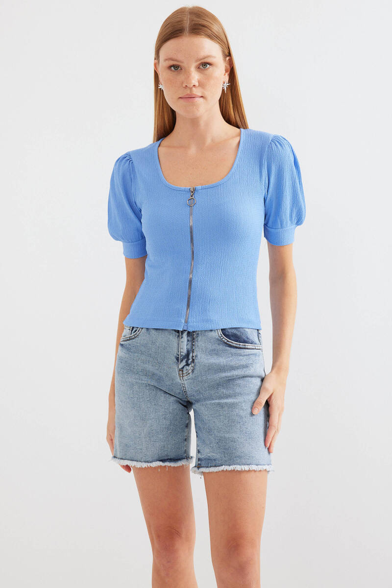 4316 Fermuarlı Örme Bluz - Mavi - BİGDART