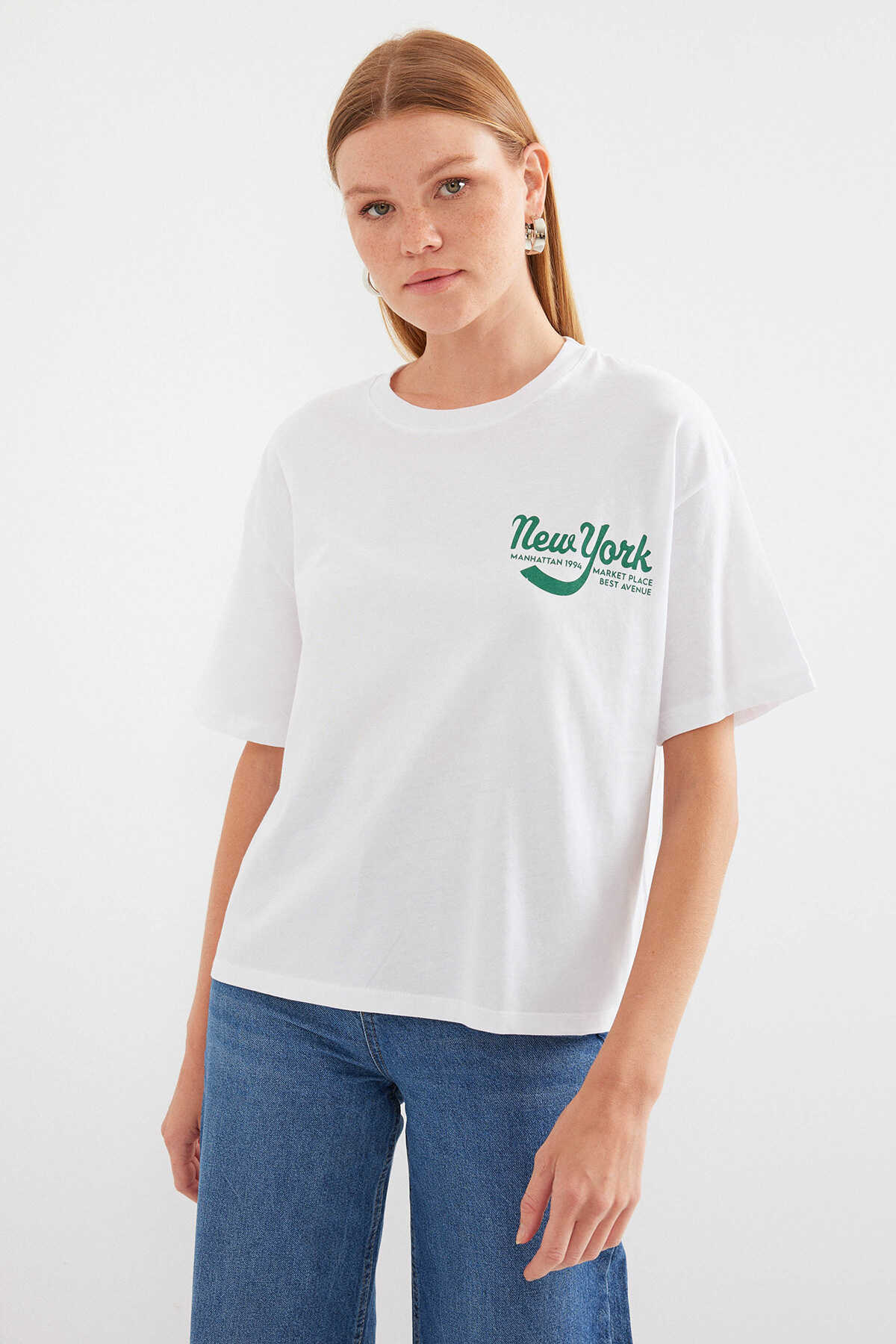 4318 Baskılı Basic Tişört - Beyaz - 1