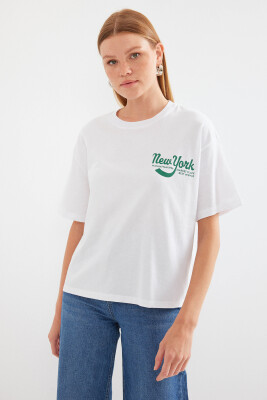 4318 Baskılı Basic Tişört - Beyaz - 1