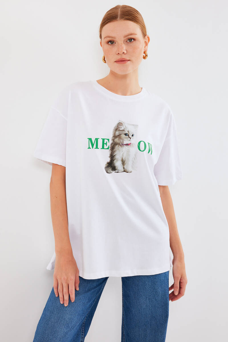 4319 Baskılı Oversize Tişört - Beyaz - BİGDART