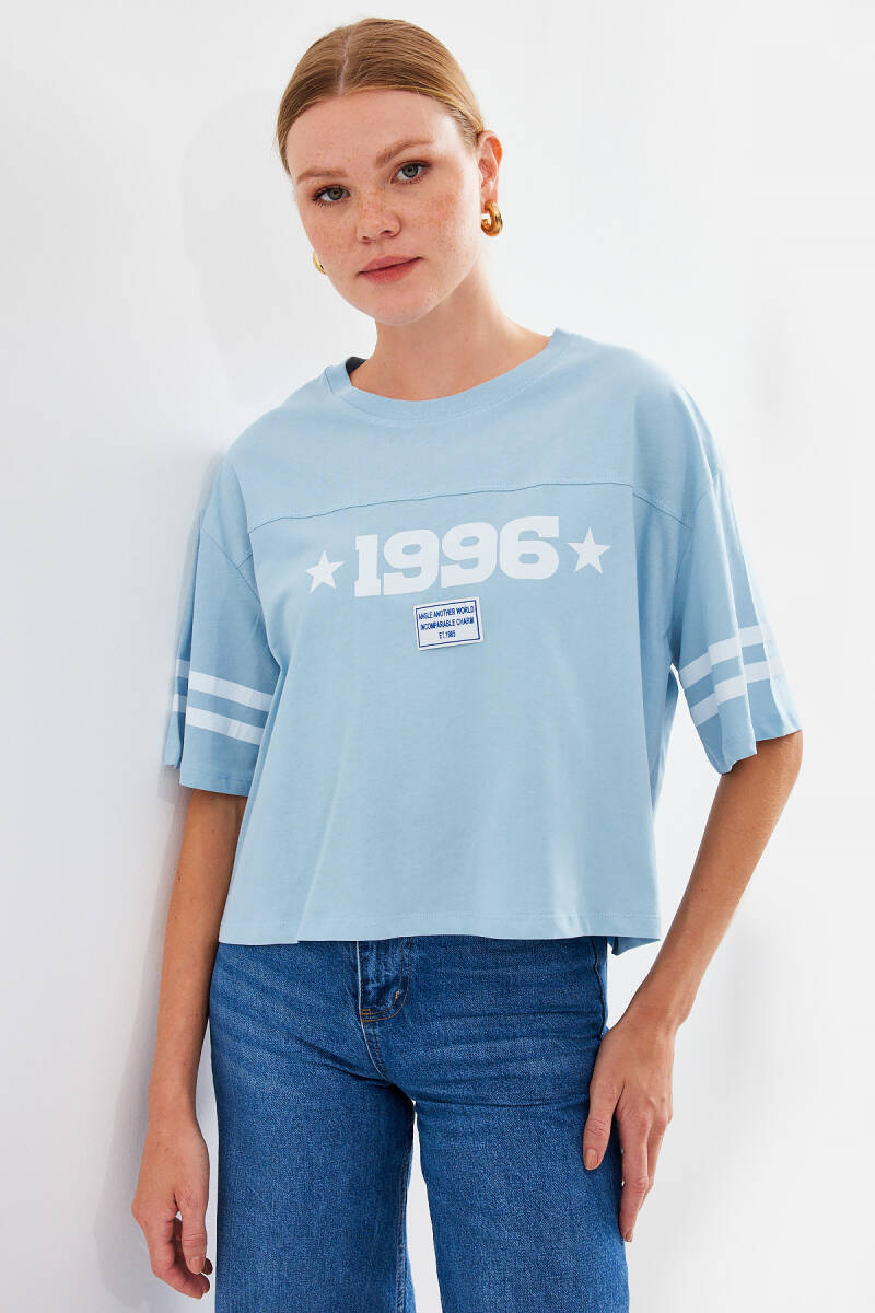 4322 Baskılı Oversize Basic Tişört - Mavi - BİGDART