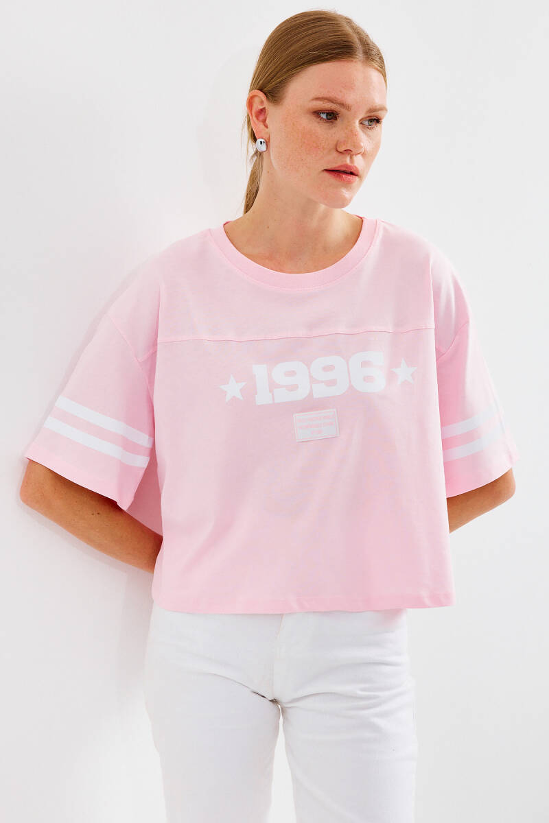4322 Baskılı Oversize Basic Tişört - Pembe - BİGDART