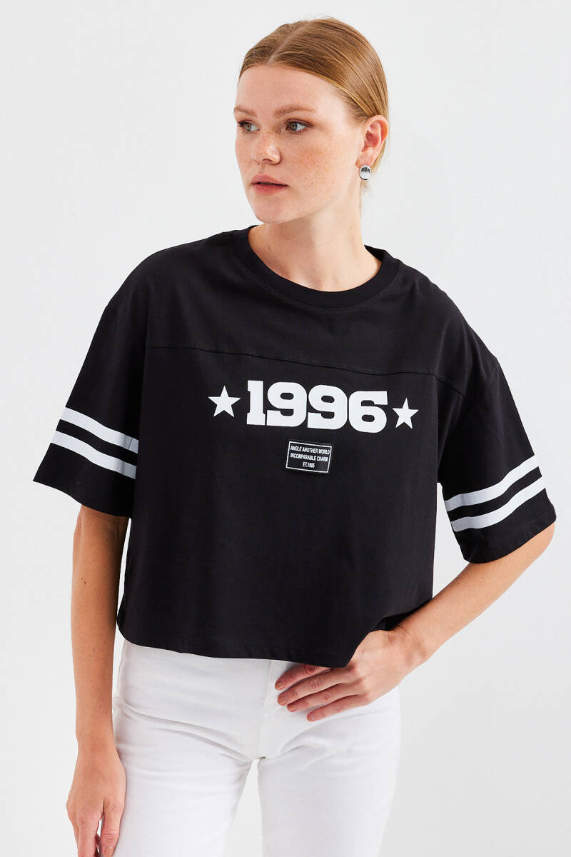 4322 Baskılı Oversize Basic Tişört - Siyah - BİGDART