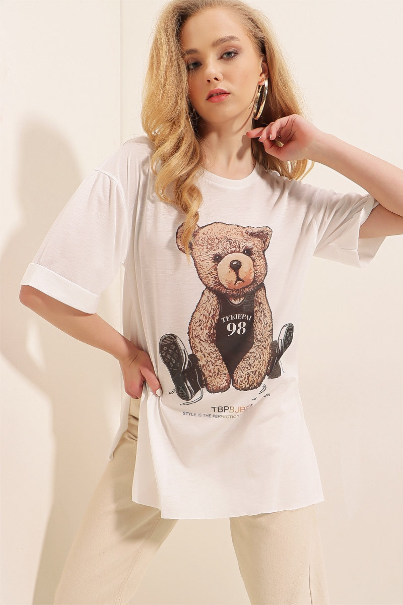 4327 Baskılı T-shirt - Beyaz - BİGDART