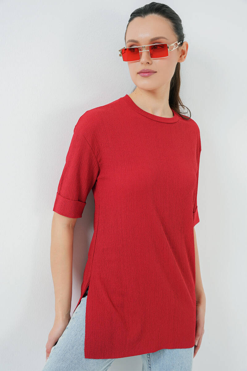 4332 Yanı Yırtmaçlı Örme Tişört - Kırmızı - BİGDART