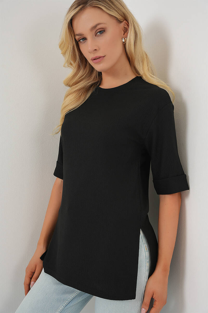 4332 Yanı Yırtmaçlı Örme Tişört - Siyah - BİGDART