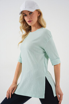 4332 Yanı Yırtmaçlı Örme Tişört - Mint - 3