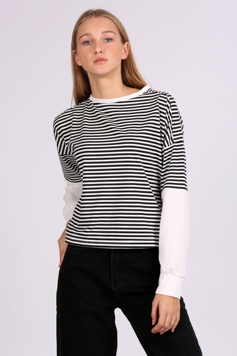 4461 Oversize Çizgili Sweatshirt - Siyah - BİGDART