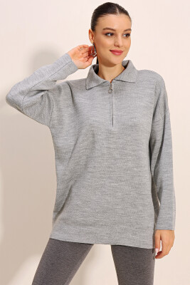 4512 Fermuarlı Oversize Kazak - Gri 