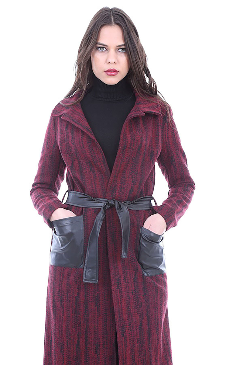 4591 ÇİZGİLİ KAŞE KABAN - Bordo - BİGDART