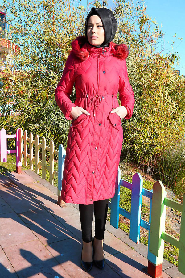 5055 KÜRKLÜ ŞİŞME TESETTÜR MONT - Kırmızı - BİGDART