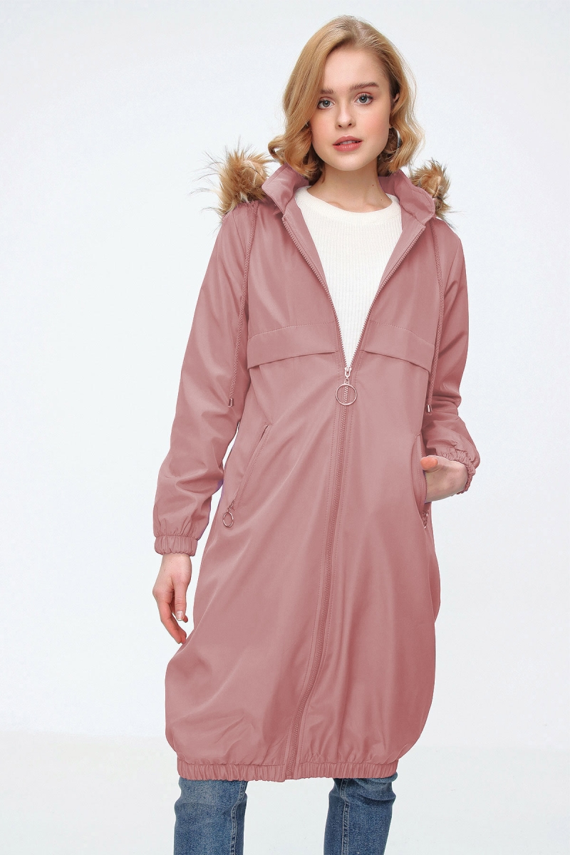 5087 Kapşonlu İçi Kürklü Kaban - Pudra - BİGDART