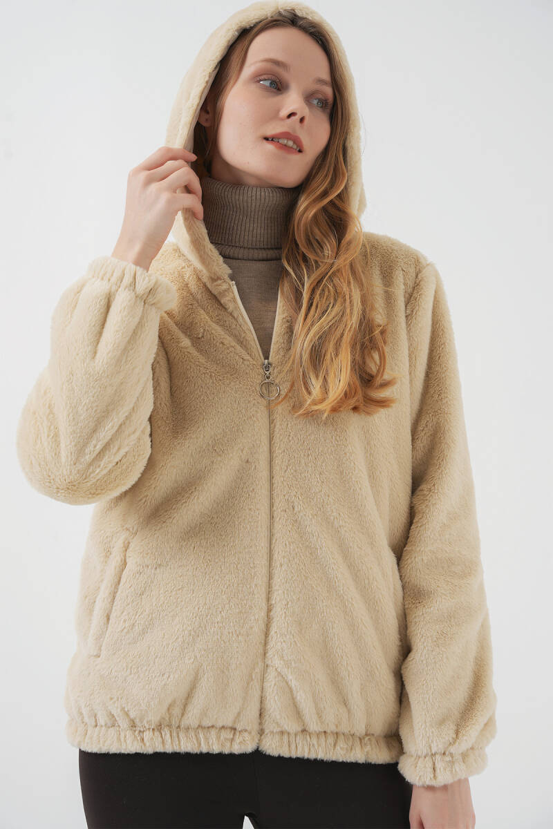 5091 Kapşonlu Kürklü İçi Astarlı Mont - Bisküvi - BİGDART