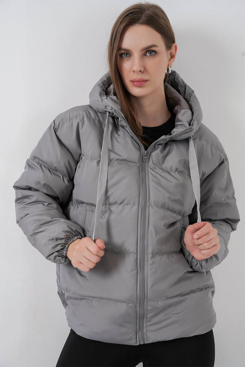 5117 Kapşonlu Şişme Mont - Gri - BİGDART