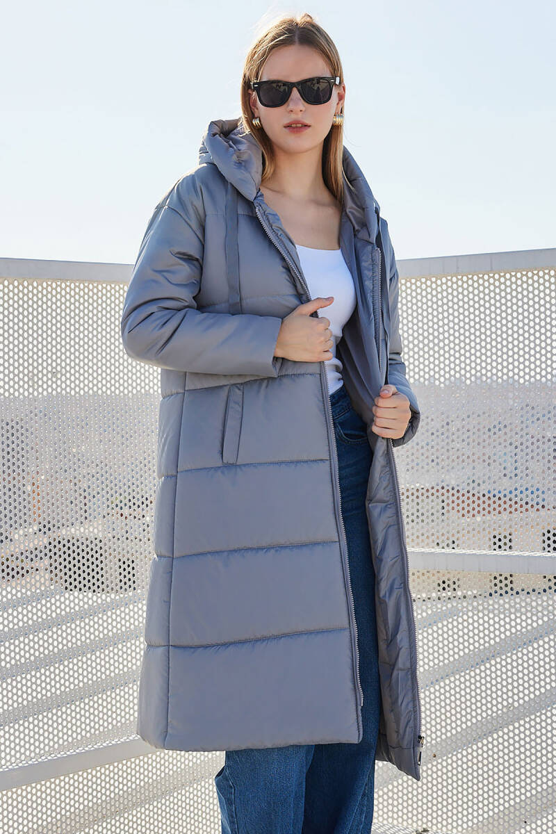 5120 Kapşonlu Uzun Şişme Mont - Gri - BİGDART