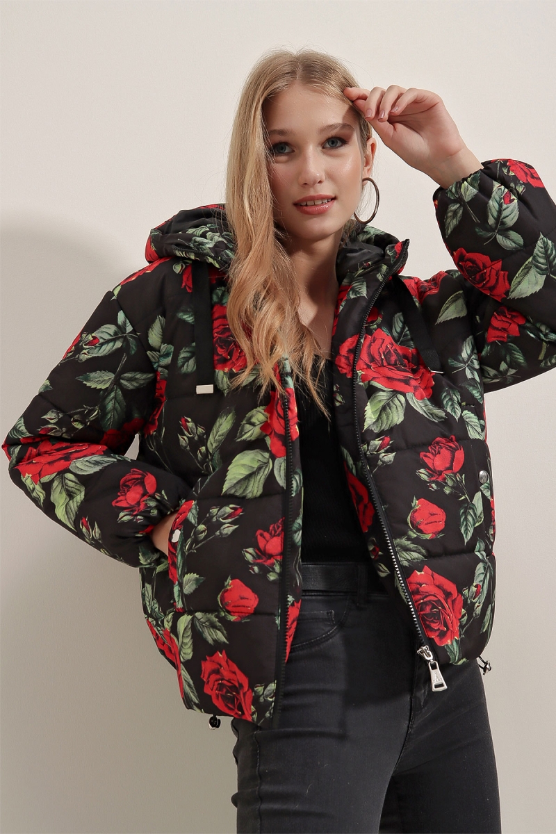 5125 Desenli Şişme Mont - Kırmızı - BİGDART