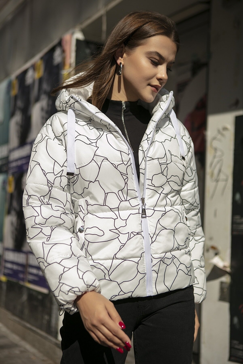 5125 Desenli Şişme Mont - Beyaz - BİGDART