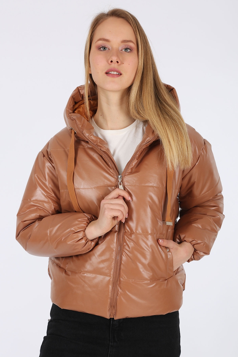 5128 Oversize Deri Görünümlü Şişme Mont - Taba - BİGDART