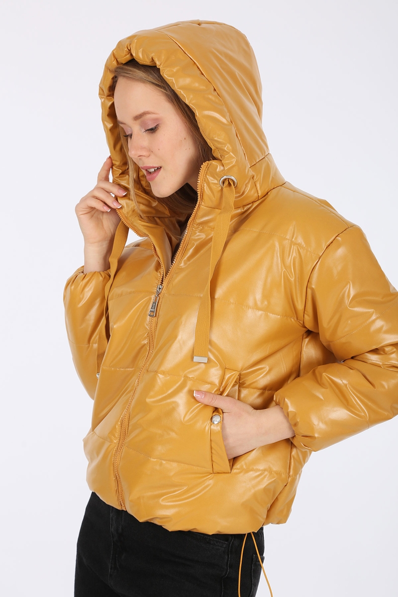 5128 Oversize Deri Görünümlü Şişme Mont - Hardal - BİGDART