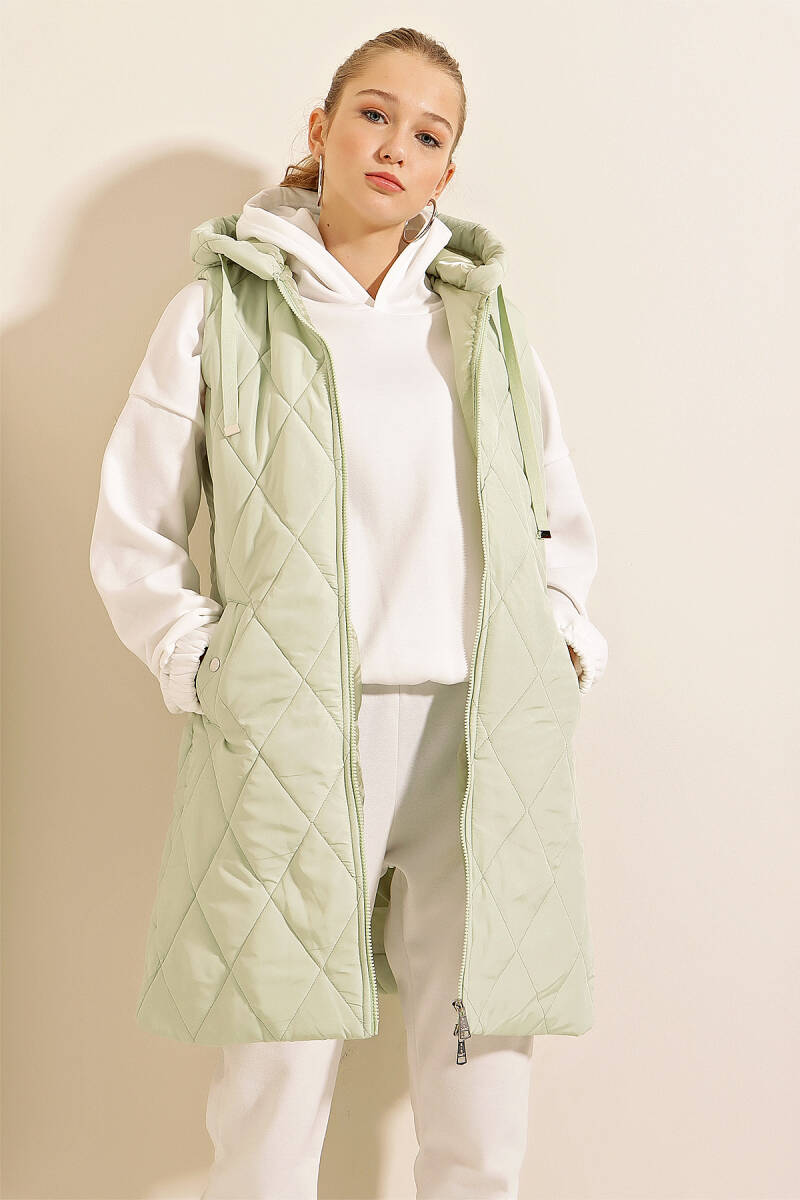 5140 Kapşonlu Uzun Şişme Yelek - Mint - BİGDART