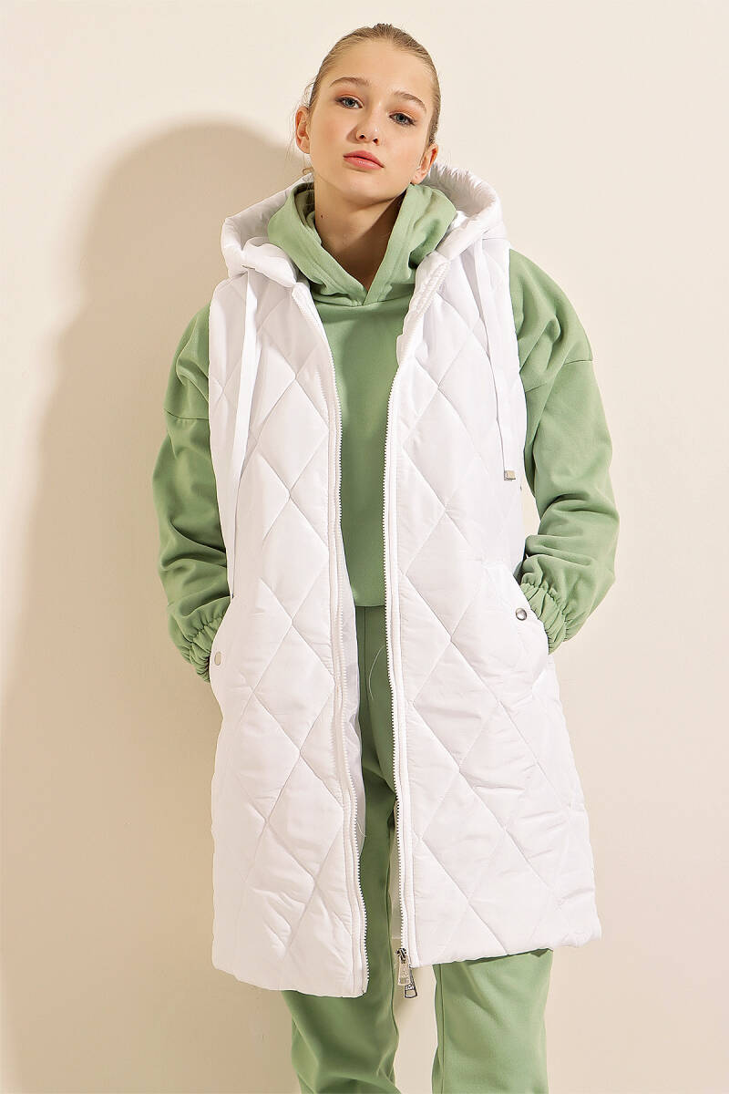 5140 Kapşonlu Uzun Şişme Yelek - Düz Beyaz - BİGDART