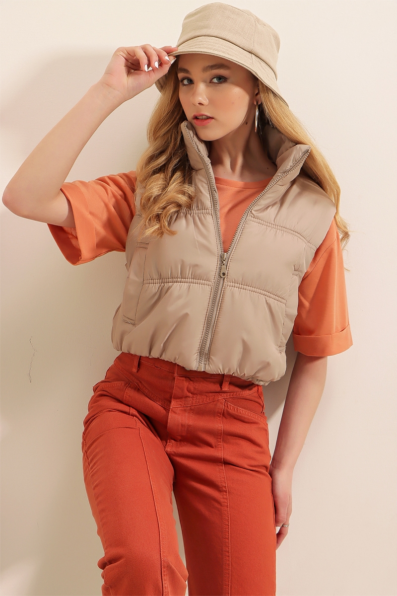 5149 Crop Şişme Yelek - Bej - BİGDART