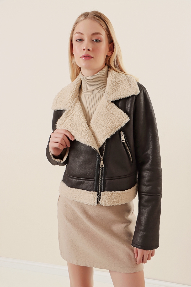 5155 Kruvaze Yaka Suni Kürklü Deri Ceket - Beyaz - BİGDART