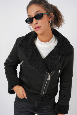 5155 Kruvaze Yaka Suni Kürklü Deri Mont - Siyah 