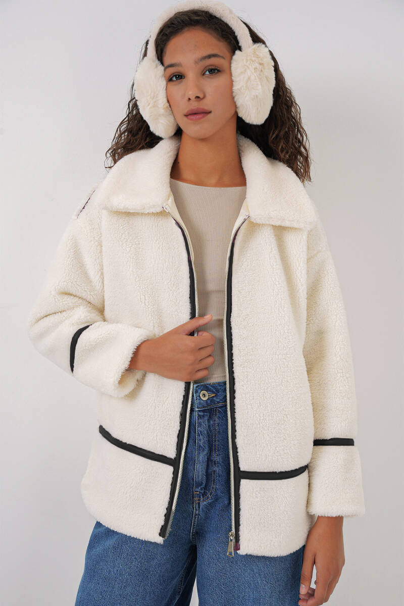 5173 Astarlı Peluş Ceket - Ekru - BİGDART