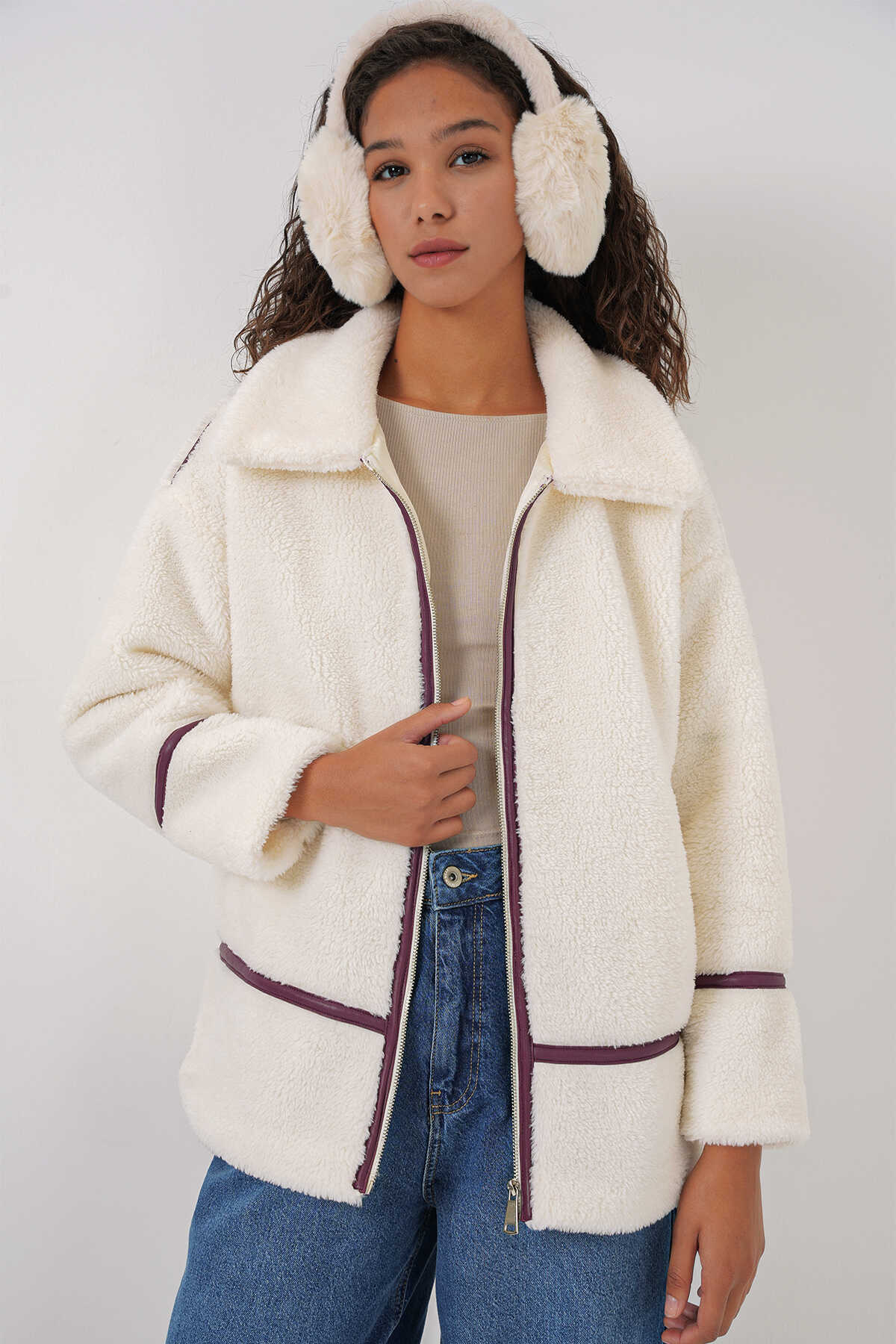 5173 Astarlı Peluş Ceket - Mürdüm - 3