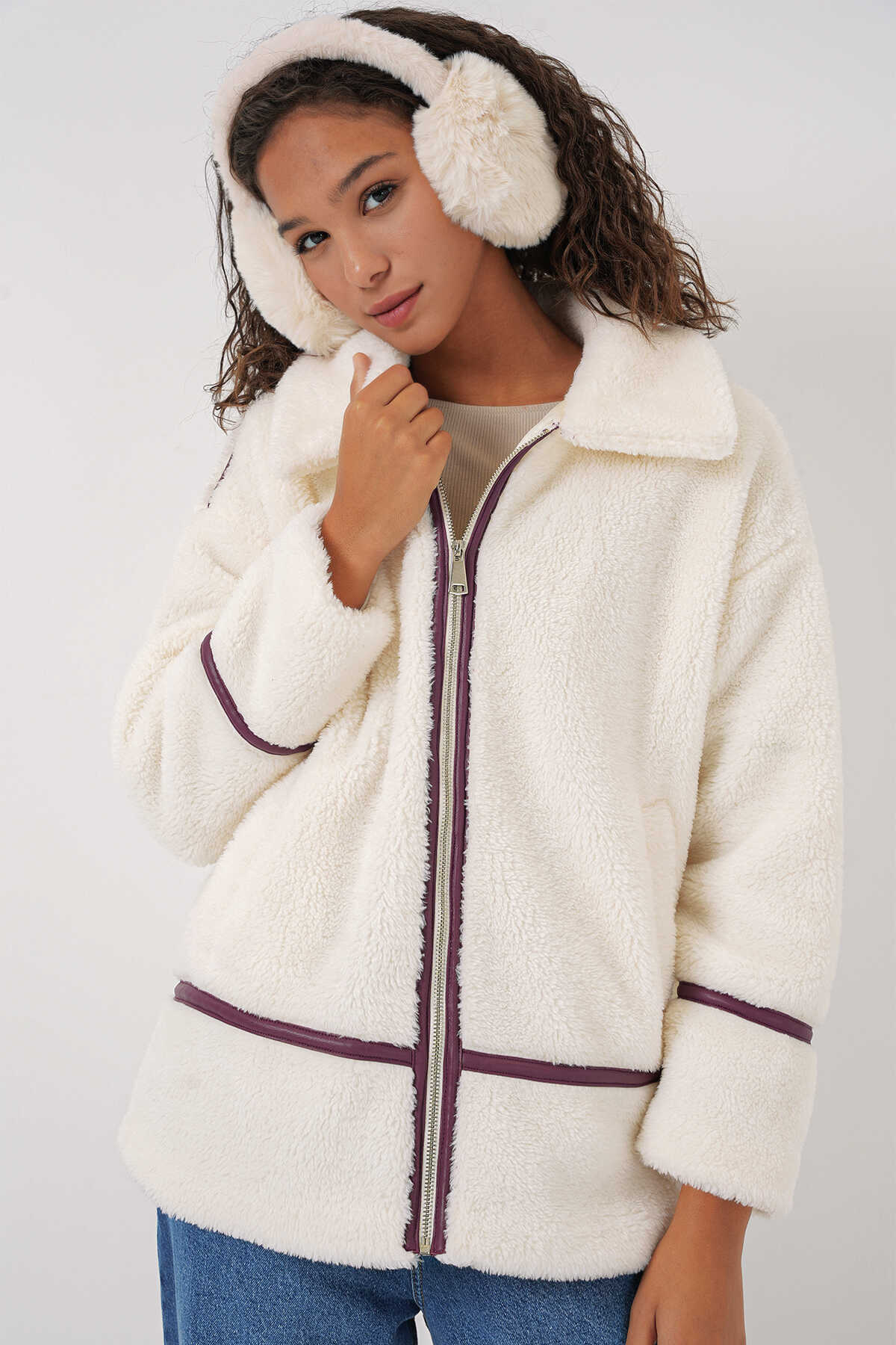 5173 Astarlı Peluş Ceket - Mürdüm - 4