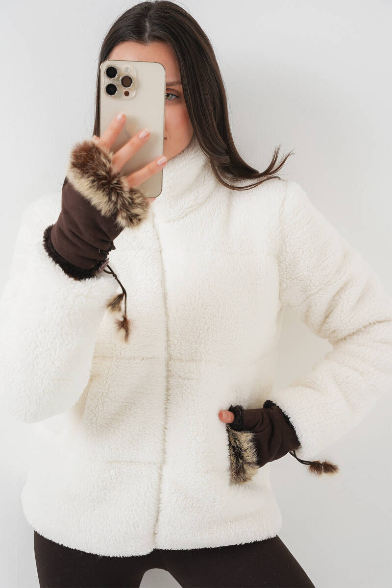 5178 Astarlı Peluş Mont - Beyaz - BİGDART