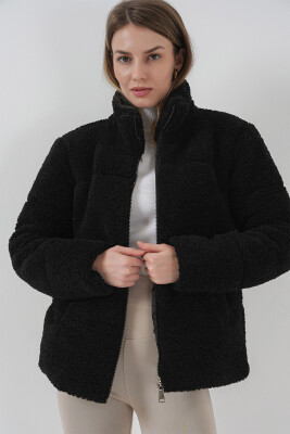 5178 Astarlı Peluş Mont - Siyah 