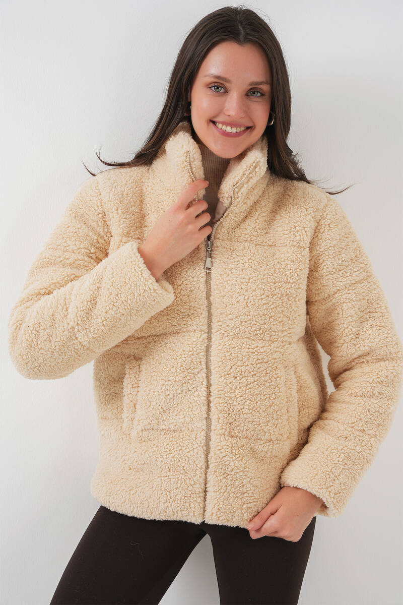 5178 Astarlı Peluş Mont - Krem - BİGDART