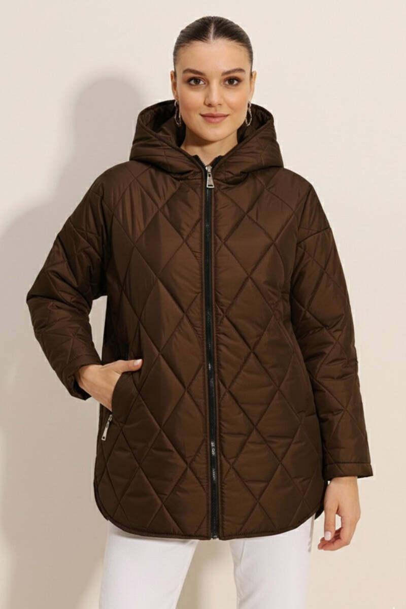 5181 Kapüşonlu Kapitone Mont - Kahverengi - BİGDART