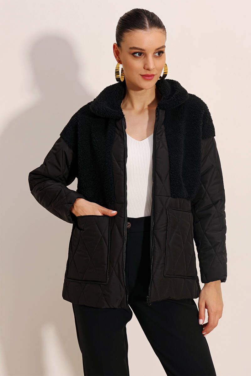 5182 Peluş Detaylı Oversize Şişme Mont - Siyah - BİGDART