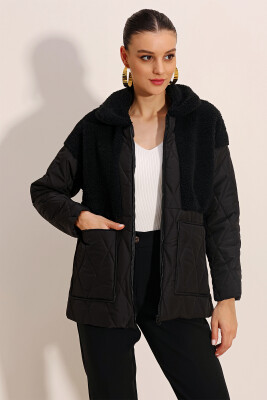 5182 Peluş Detaylı Oversize Şişme Mont - Siyah - 1
